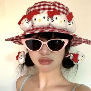 Bán Thời Trang Dễ Thương helloKitty Đỏ Kiểm Tra Mũ Xô Chống Nắng Mũ y2k Dễ Thương