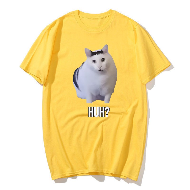 Mèo nói Huh? Ngộ nghĩnh Meme Áo nam Nữ 100% Cotton Thoáng Khí Tay Ngắn Quá Khổ Áo Sơ Mi Thời Trang Bông Tai Kẹp Tee Áo Sơ Mi