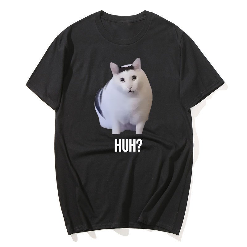 Mèo nói Huh? Ngộ nghĩnh Meme Áo nam Nữ 100% Cotton Thoáng Khí Tay Ngắn Quá Khổ Áo Sơ Mi Thời Trang Bông Tai Kẹp Tee Áo Sơ Mi