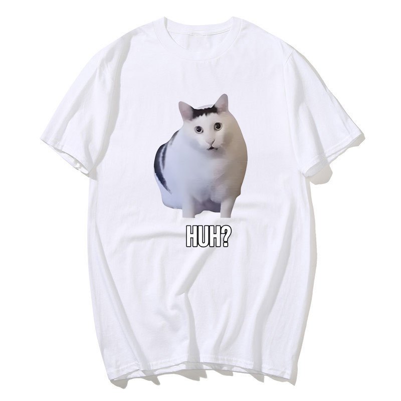 Mèo nói Huh? Ngộ nghĩnh Meme Áo nam Nữ 100% Cotton Thoáng Khí Tay Ngắn Quá Khổ Áo Sơ Mi Thời Trang Bông Tai Kẹp Tee Áo Sơ Mi