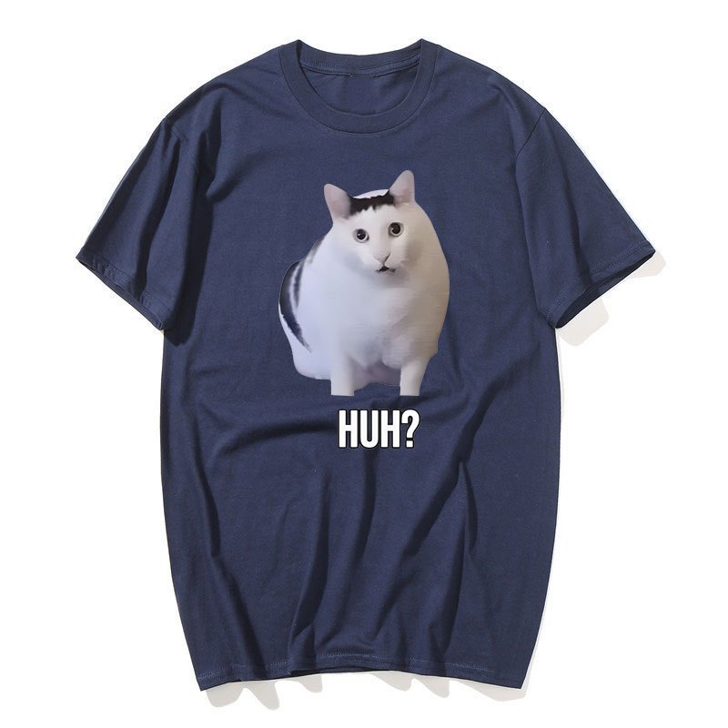 Mèo nói Huh? Ngộ nghĩnh Meme Áo nam Nữ 100% Cotton Thoáng Khí Tay Ngắn Quá Khổ Áo Sơ Mi Thời Trang Bông Tai Kẹp Tee Áo Sơ Mi