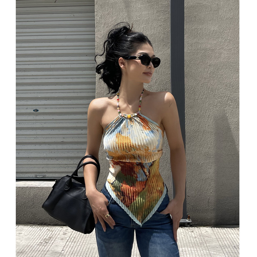 Áo dây camisole ngắn in họa tiết đính hạt phong cách Bohemian Mỹ, thiết kế gợi cảm, lưng đẹp, kiểu vest dễ thương