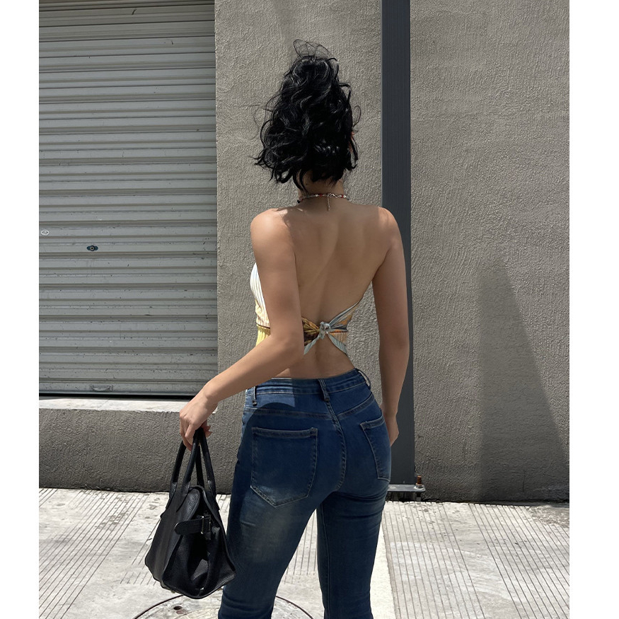 Áo dây camisole ngắn in họa tiết đính hạt phong cách Bohemian Mỹ, thiết kế gợi cảm, lưng đẹp, kiểu vest dễ thương