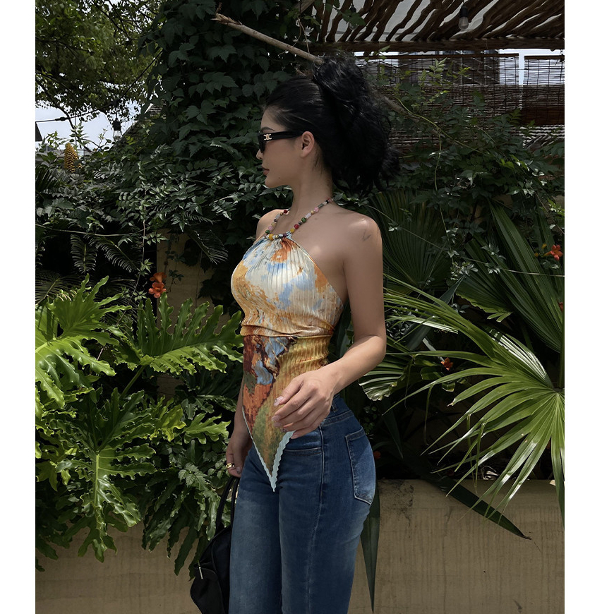 Áo dây camisole ngắn in họa tiết đính hạt phong cách Bohemian Mỹ, thiết kế gợi cảm, lưng đẹp, kiểu vest dễ thương
