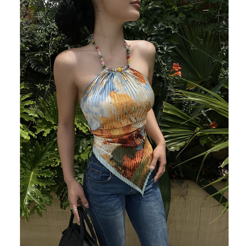 Áo dây camisole ngắn in họa tiết đính hạt phong cách Bohemian Mỹ, thiết kế gợi cảm, lưng đẹp, kiểu vest dễ thương