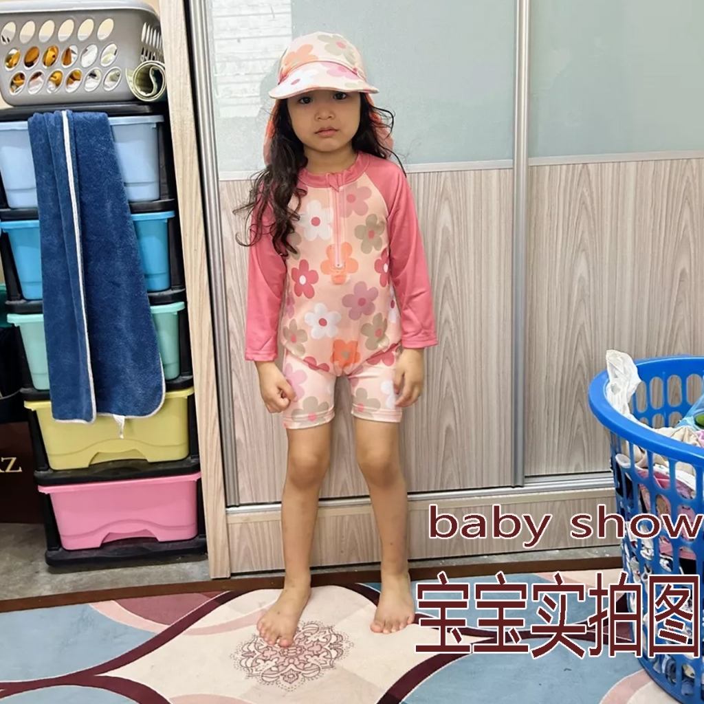Bộ Đồ Bơi Tay Dài In Họa Tiết Cây Nhiệt Đới / Hoa Kèm Nón Xinh Xắn Cho Bé Gái 0-3 Tuổi