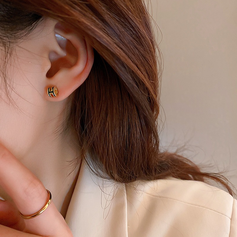 Bạc 925, kim cương, chữ H, bộ 6 đôi, phong cách Hàn Quốc, tinh tế, cá tính