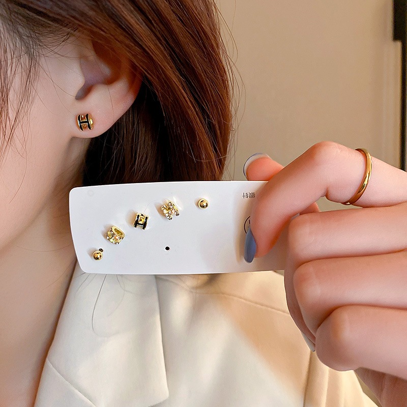 Bạc 925, kim cương, chữ H, bộ 6 đôi, phong cách Hàn Quốc, tinh tế, cá tính