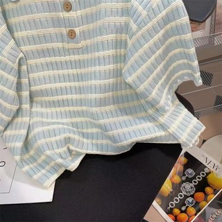 Phong cách hàn quốc nữ nữ mùa hè sọc rộng cổ áo polo tay ngắn áo baju baju wanita lengan panjang