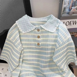 Phong cách hàn quốc nữ nữ mùa hè sọc rộng cổ áo polo tay ngắn áo baju baju wanita lengan panjang