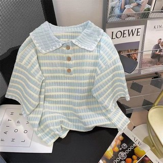 Phong cách hàn quốc nữ nữ mùa hè sọc rộng cổ áo polo tay ngắn áo baju baju wanita lengan panjang