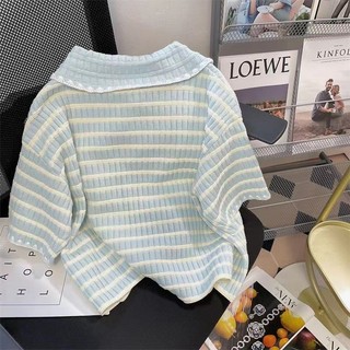Phong cách hàn quốc nữ nữ mùa hè sọc rộng cổ áo polo tay ngắn áo baju baju wanita lengan panjang