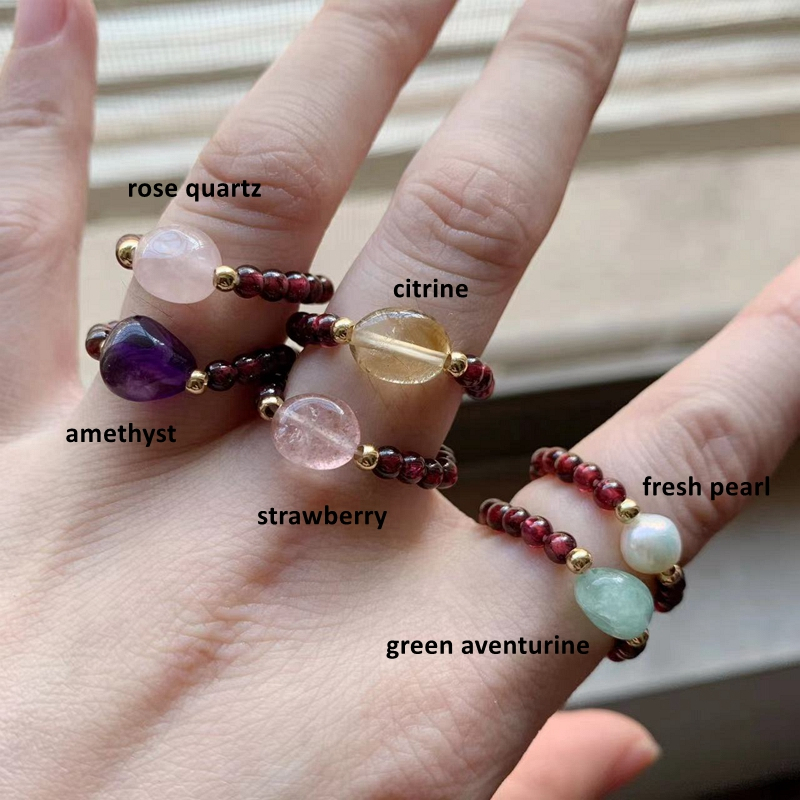 Siêu mịn Garnet Hạt Nhẫn Citrine Thạch Anh Tím Ngọc Trai Dâu Thạch Anh Đá Dây Nhẫn Thanh Lịch Tình Yêu Trang Sức 1pc