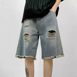 Quần short denim nam ESEA, kiểu cổ điển kiểu Mỹ, dáng rộng giản dị, thiết kế viền thô, quần short denim rách