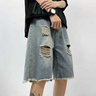 Quần short denim nam ESEA, kiểu cổ điển kiểu Mỹ, dáng rộng giản dị, thiết kế viền thô, quần short denim rách