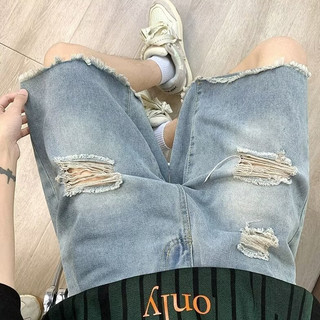 Quần short denim nam ESEA, kiểu cổ điển kiểu Mỹ, dáng rộng giản dị, thiết kế viền thô, quần short denim rách