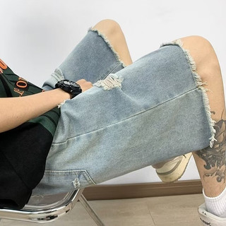 Quần short denim nam ESEA, kiểu cổ điển kiểu Mỹ, dáng rộng giản dị, thiết kế viền thô, quần short denim rách