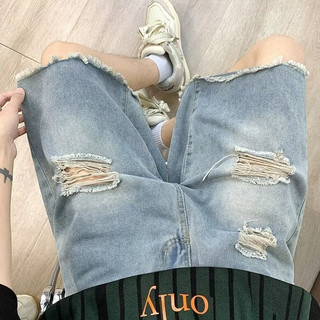 Quần short denim nam Gksss, kiểu retro Mỹ, dáng rộng giản dị, thiết kế viền thô, quần short denim rách