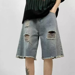 Quần short denim nam Gksss, kiểu retro Mỹ, dáng rộng giản dị, thiết kế viền thô, quần short denim rách