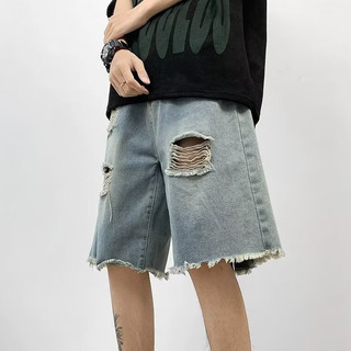Quần short denim nam Gksss, kiểu retro Mỹ, dáng rộng giản dị, thiết kế viền thô, quần short denim rách