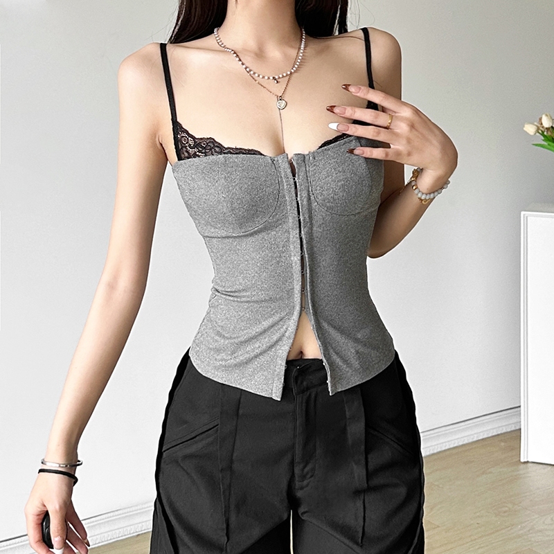 Cutenew Ren Viền Camisole Nữ Mùa Hè Dây Kéo Mỏng Lưng Crop Nhìn Mỏng Hơn Đa Năng Không Khí Phong Cách Nóng Mới
