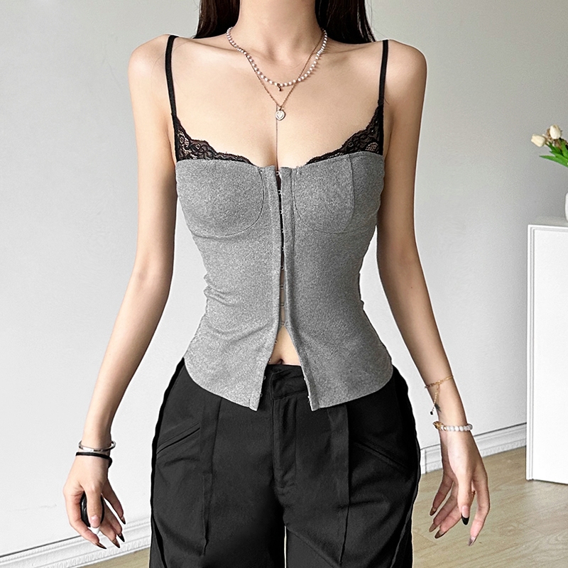 Cutenew Ren Viền Camisole Nữ Mùa Hè Dây Kéo Mỏng Lưng Crop Nhìn Mỏng Hơn Đa Năng Không Khí Phong Cách Nóng Mới