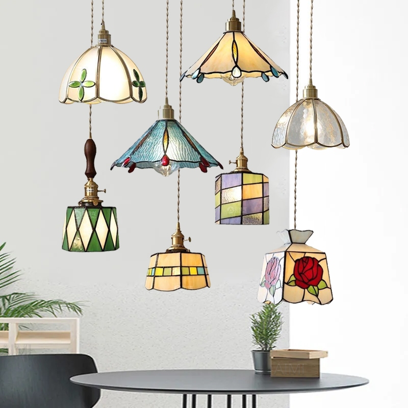đèn thả bàn ăn LED cổ điển, đèn chùm kính màu, trang trí phòng ngủ, phòng khách, bếp