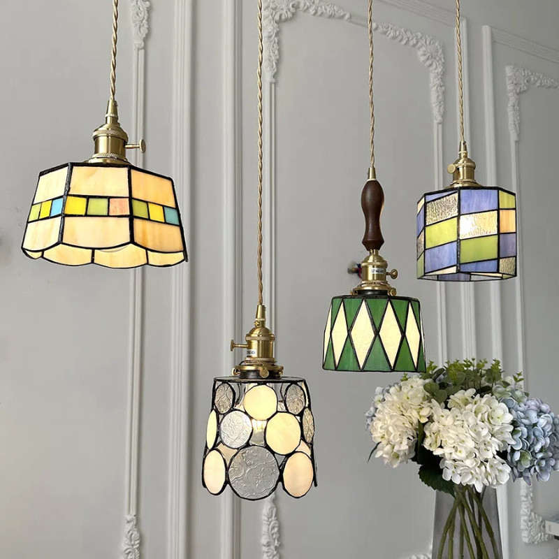 đèn thả bàn ăn LED cổ điển, đèn chùm kính màu, trang trí phòng ngủ, phòng khách, bếp