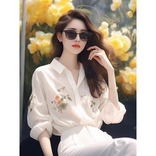 Phong Cách Hàn Quốc Nữ Nữ Voan Rời Hoa Áo Sơ Mi Tay Dài Áo Baju Baju Wanita Lengan Panjang Kemeja