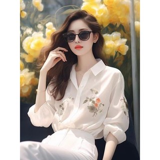 Phong Cách Hàn Quốc Nữ Nữ Voan Rời Hoa Áo Sơ Mi Tay Dài Áo Baju Baju Wanita Lengan Panjang Kemeja