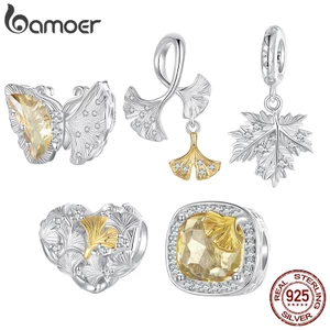 Bamoer 925 Sterling Sliver Charm Lá bạch quả Mặt dây chuyền Phụ kiện mùa thu Series cho vòng tay