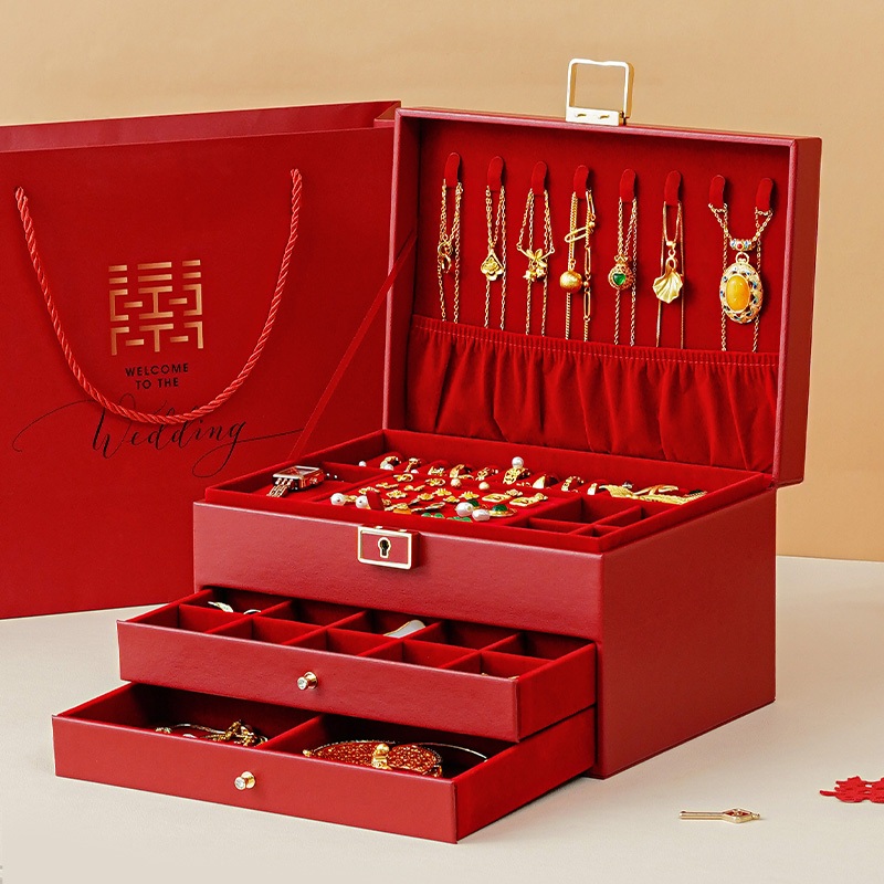 Casegrace Hộp đựng trang sức đám cưới lớn Ngăn kéo lưu trữ Hộp trang sức có khóa và chìa khóa Chống bụi cho vòng cổ Eears Vòng cổ Đồng hồ Hộp sắp xếp trang sức cho đám cưới