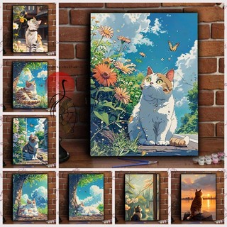 MOZI✨30 * 40cm / 40 * 50cm mèo hoa tranh tô màu theo số tranh số hóa tranh sơn dầu số hoá Hoa Mèo Số Tranh Sơn Dầu Tự Làm Tranh Handmade Tô Màu Tranh Số Tranh Làm Đầy Tranh Vẽ Tay Tranh Acrylic Tranh Quà Tặng Tranh