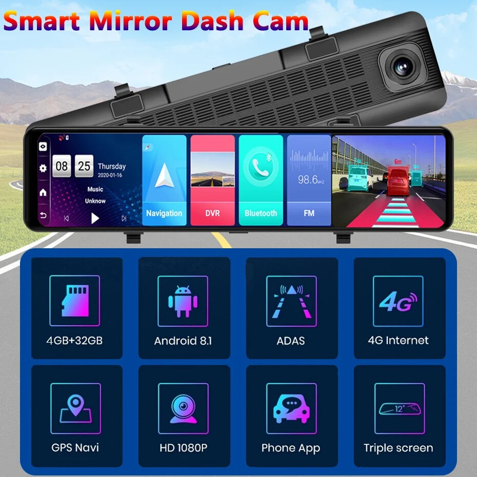 Ảnh Ekleva 4G 12 "Gương ô tô Android 8.1 Dash Cam DVR 1080P Camera kép WiFi BT 4.0 Điều hướng ADAS Giám sát ghi Video từ xa 3