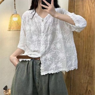 Phong Cách Hàn Quốc Nữ Nữ Rời Vintage Thêu Hoa Cổ Chữ V Áo Sơ Mi Tay Dài Áo Baju Baju Wanita Lengan Panjang