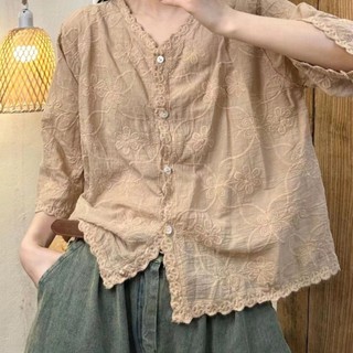 Phong Cách Hàn Quốc Nữ Nữ Rời Vintage Thêu Hoa Cổ Chữ V Áo Sơ Mi Tay Dài Áo Baju Baju Wanita Lengan Panjang