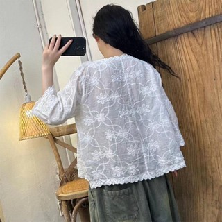 Phong Cách Hàn Quốc Nữ Nữ Rời Vintage Thêu Hoa Cổ Chữ V Áo Sơ Mi Tay Dài Áo Baju Baju Wanita Lengan Panjang