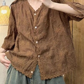 Phong Cách Hàn Quốc Nữ Nữ Rời Vintage Thêu Hoa Cổ Chữ V Áo Sơ Mi Tay Dài Áo Baju Baju Wanita Lengan Panjang
