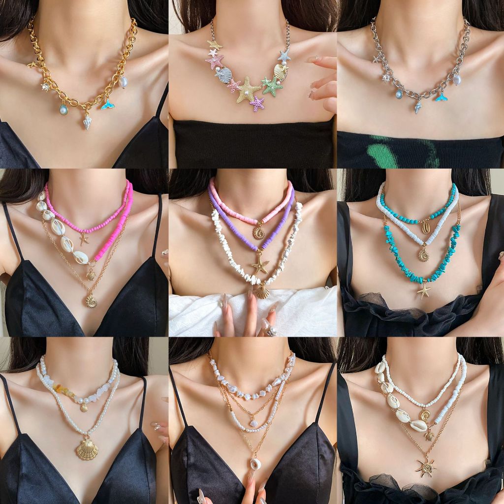 Bộ vòng cổ ngọc trai vỏ biển Châu Âu và Hoa Kỳ xuyên biên giới đi biển ngày lễ xương đòn chuỗi khí chất trang sức cao cấp nữ