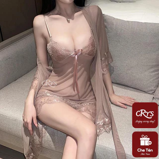 Set đồ ngủ sexy  nữ gồm váy và áo choàng kiểu đầm 2 dây xuyên thấu có quần lót khiêu gợi