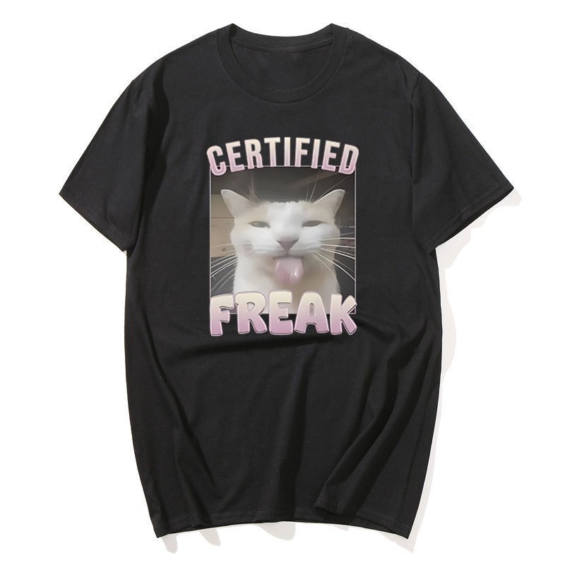 Được Chứng Nhận Freak Ngộ nghĩnh Mèo Meme Áo Nam Thời Trang Vintage Tay Ngắn Áo Thun Cotton Quá Khổ Áo Sơ Mi Dạo Phố