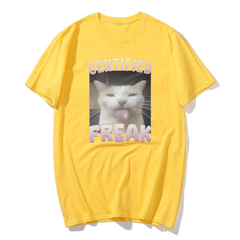 Được Chứng Nhận Freak Ngộ nghĩnh Mèo Meme Áo Nam Thời Trang Vintage Tay Ngắn Áo Thun Cotton Quá Khổ Áo Sơ Mi Dạo Phố