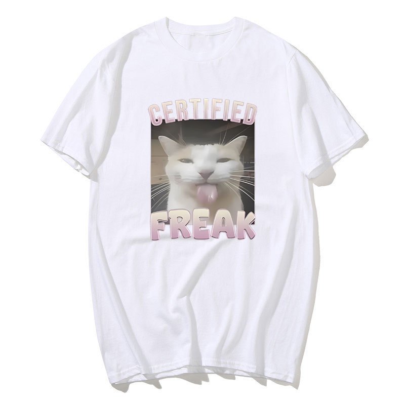 Được Chứng Nhận Freak Ngộ nghĩnh Mèo Meme Áo Nam Thời Trang Vintage Tay Ngắn Áo Thun Cotton Quá Khổ Áo Sơ Mi Dạo Phố