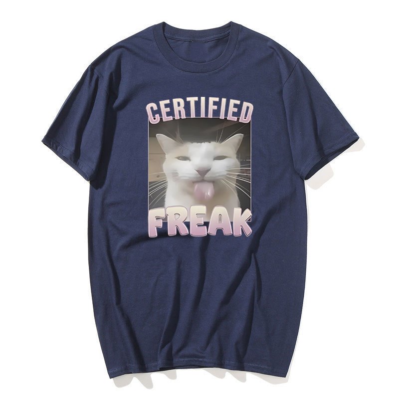 Được Chứng Nhận Freak Ngộ nghĩnh Mèo Meme Áo Nam Thời Trang Vintage Tay Ngắn Áo Thun Cotton Quá Khổ Áo Sơ Mi Dạo Phố