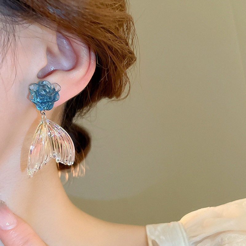 Bạc pin Ngày Lễ Gió Trong Suốt Hoa Xanh Đuôi Cá Tai Công Chúa Gió Cao Cấp Cảm Giác niche Tai