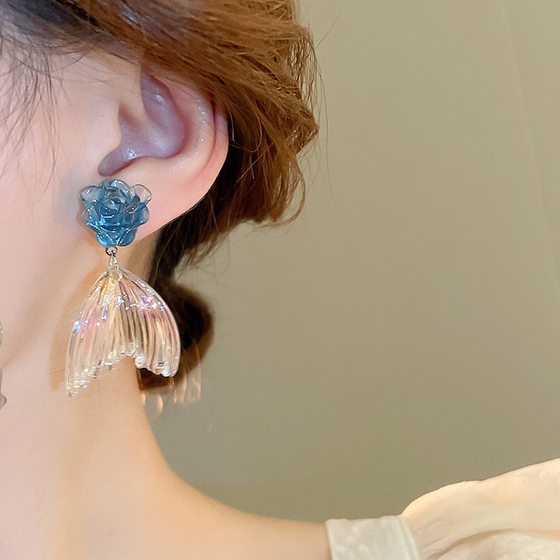 Bạc pin Ngày Lễ Gió Trong Suốt Hoa Xanh Đuôi Cá Tai Công Chúa Gió Cao Cấp Cảm Giác niche Tai