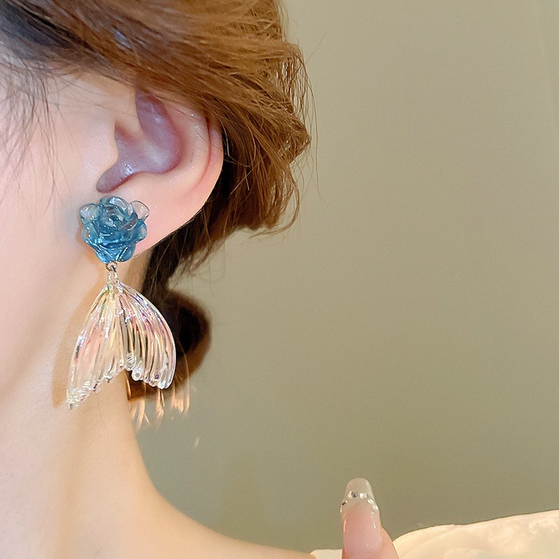 Bạc pin Ngày Lễ Gió Trong Suốt Hoa Xanh Đuôi Cá Tai Công Chúa Gió Cao Cấp Cảm Giác niche Tai