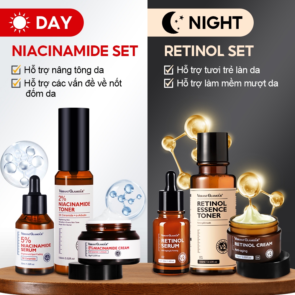 Ảnh Chăm Sóc Cơ Bản Sáng Dùng Niacinamide + Tối Dùng Retinol 6PCS VIBRANT GLAMOUR, Chăm Sóc Suốt Cả Ngày & Chống Lão Hóa Lâu Dài & Làm Trắng Mờ Thâm & Phục Hồi Da Tổn Thương & Bổ Sung Collagen 3