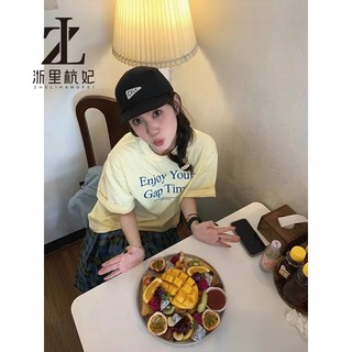 ZHELIHANGFEI Thời Trang Hàn Quốc Sữa Vàng Áo Thun Nữ Tay Ngắn Quần Áo In Chữ Rời Top