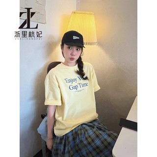 ZHELIHANGFEI Thời Trang Hàn Quốc Sữa Vàng Áo Thun Nữ Tay Ngắn Quần Áo In Chữ Rời Top